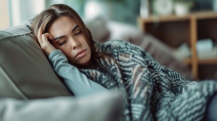 Woman gets sick rest sleep on sofa tired eye closed not feeling well Caucasian female in knitted jacket blurred living room background
