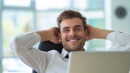 Businessman stretch himself hands behind head at laptop in office smile enjoy happiness Caucasian male beard in white button suit
