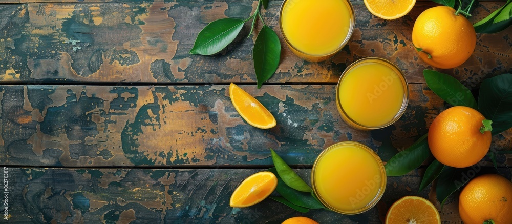 Poster Rustic top view copy space image of a fresh orange juice as a natural appetizer on a table.
