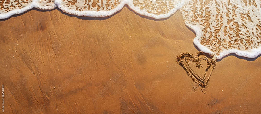 Poster A heart shape sketched on the sandy beach within a border, with ample copy space image.