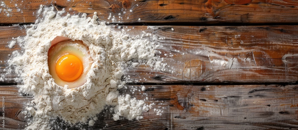 Fototapete Rustic setting in a bakery with egg yolk and flour mixture on a wooden table. Top view adds to the charm of the copy space image.