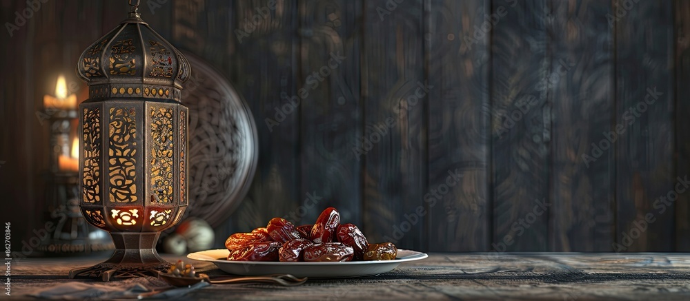 Poster Table topped with delicious dates and an elegant Muslim lamp, with a blank space for adding an image. Copy space image. Place for adding text and design