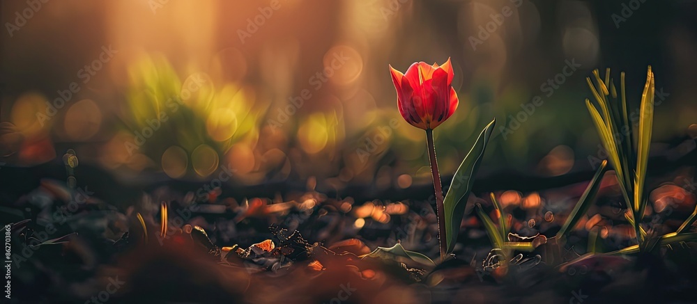 Poster tulip flower in an amber color palette in a garden framing copy space image.