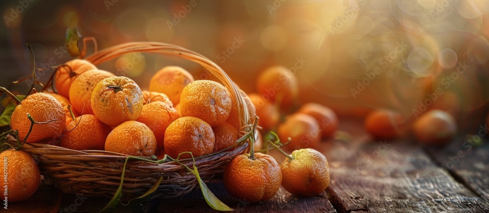 Leinwandbilder a rustic scene with a basket of delicious and beautiful tangerines placed on a wooden table, creatin
