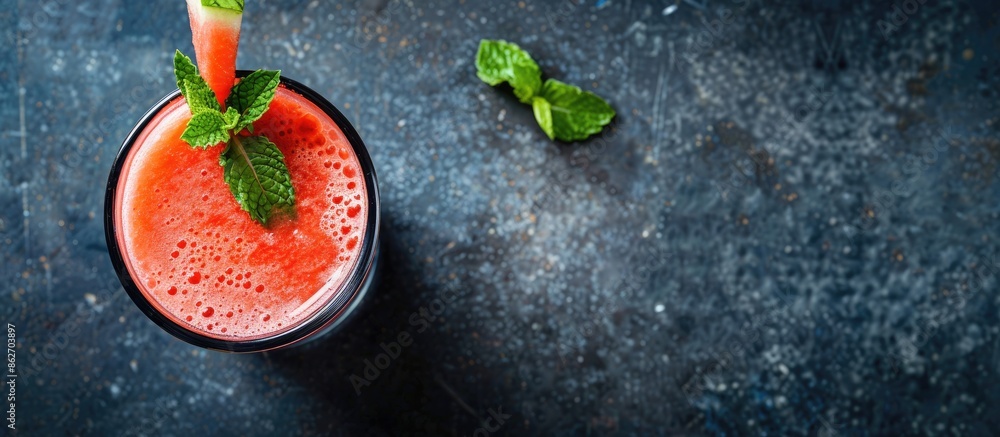 Aufkleber Top view of a glass of watermelon smoothie on a dark table with ample copy space image.