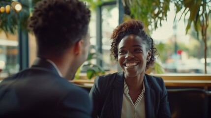 Woman in meeting job interview discussion in coffee shop cafe office beautiful smile confident curly black hair African American female in formal suit