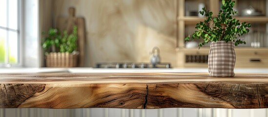 Kitchen mock up for design featuring an empty wooden log board with a tablecloth on the table, set against a bokeh background, creating a copy space image.