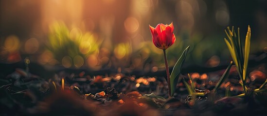 Tulip flower in an amber color palette in a garden framing copy space image.