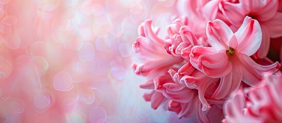 Fototapeta premium Close-up of a vibrant pink hyacinth flower in a banner layout with room for text and a copy-space image.