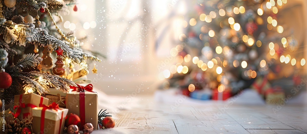 Aufkleber a festive christmas scene with gifts beneath the tree, adorned with colorful garlands and toys, crea