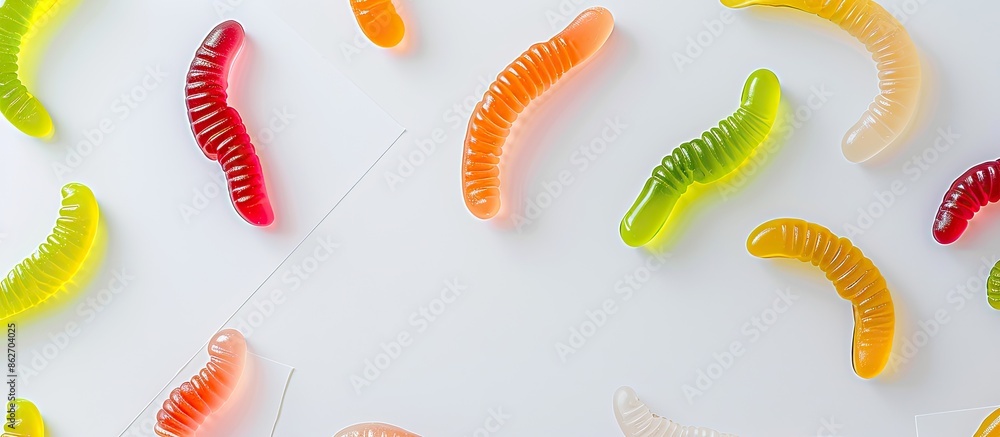 Poster imitation of colorful worm-shaped jelly candies on a white paper background with copy space image.