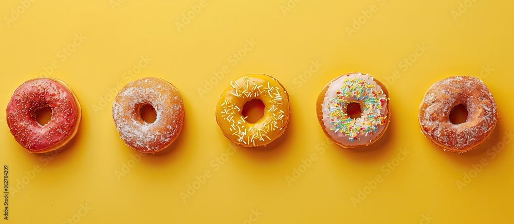 Poster Donuts arranged in a row on a yellow backdrop with copy space image.