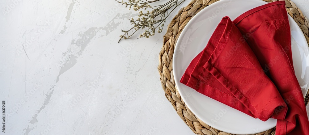 Leinwandbilder flat lay of red folded kitchen napkin on table, isolated background with copy space image for mockup