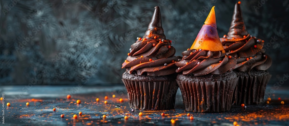 Poster witch hat cupcakes displayed on a dark surface with ample copy space image.