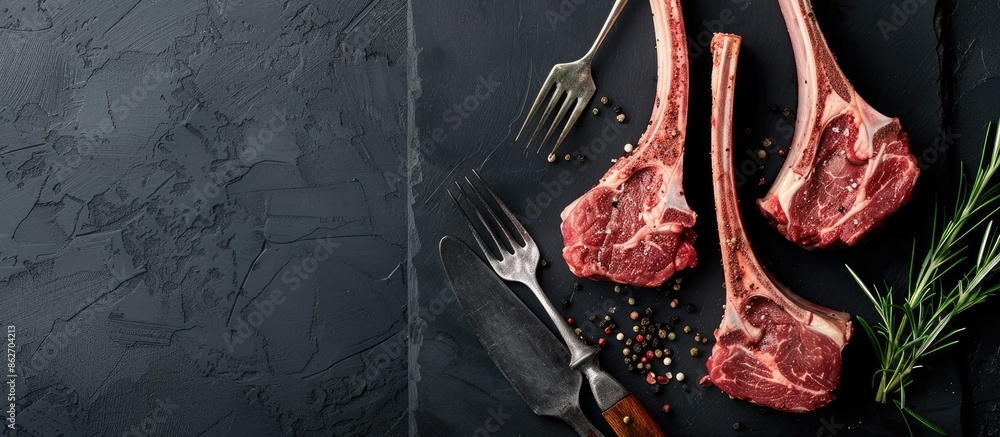 Aufkleber top-down view of seasoned raw lamb chops on a black backdrop. a meat fork is nearby, with additional