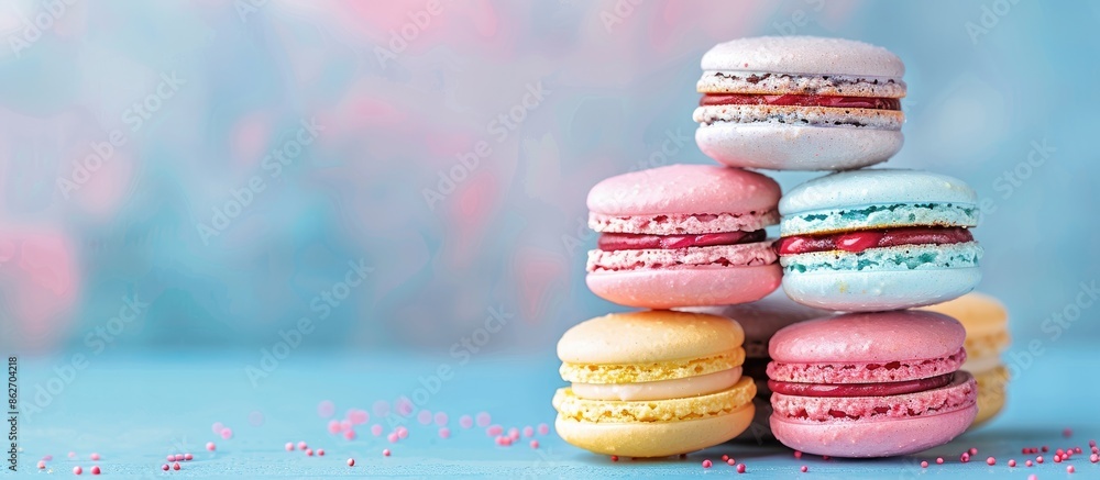 Aufkleber a close-up of pyramid-shaped colorful french macarons on a blue table with an abstract bright pastel