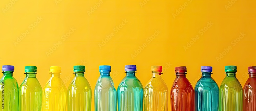 Poster Recyclable waste includes colorful plastic bottles with copy space image.