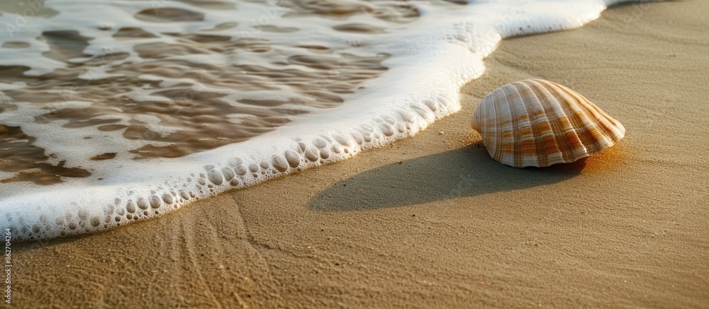Poster shell resting on sandy beach with available copy space image.
