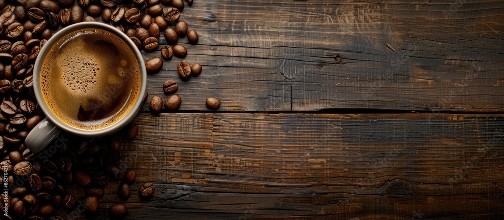 Poster wooden table with a cup of fragrant hot coffee, roasted beans, and space for text in a flat lay copy