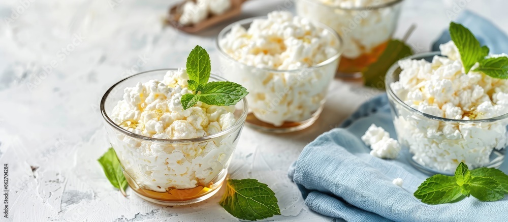 Poster glassware with soft cottage cheese and honey on a blue napkin, a delightful dairy product perfect fo