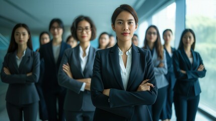 Fototapeta premium Team of Asian businesswoman female salesperson in office cross hands pose for photoshoot teamwork teambuilding good relationship with colleague