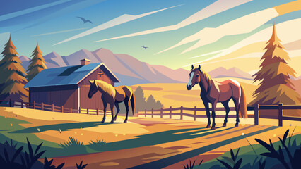 Serene Farm Landscape with Grazing Horses at Sunrise