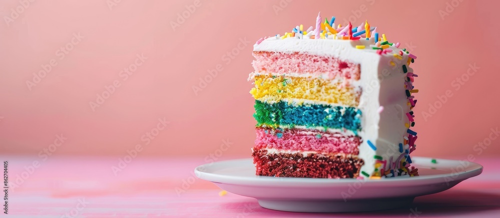 Poster colorful birthday cake displayed with a vibrant background for a copy space image.