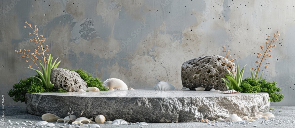 Poster modern podium crafted from gray stones, moss, and shell fragments for showcasing products with an in