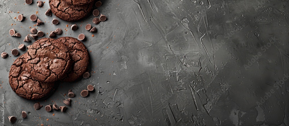 Aufkleber Chocolate cookies with a grey background, leaving empty space for text or other elements in the image. Copy space image. Place for adding text and design