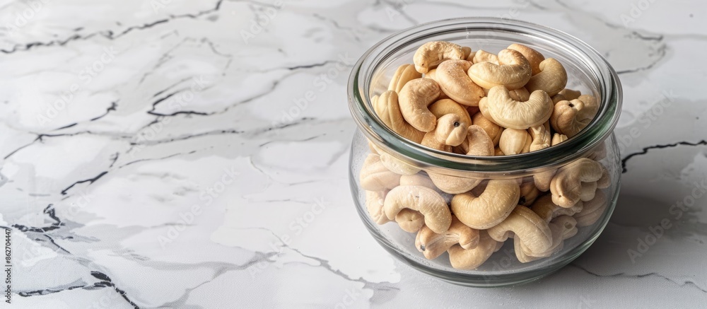 Poster Cashew nuts displayed in a clear glass jar on a marble countertop with ample copy space image.