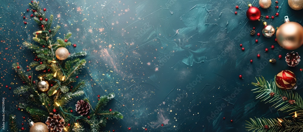 Poster Background for New Year and Christmas with a festive fir tree, ornaments, and space for text. Copy space image. Place for adding text and design