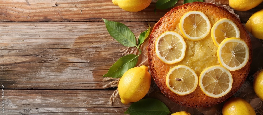 Poster top view of a delicious lemon cake with glaze on a wooden table with a copy space image available fo