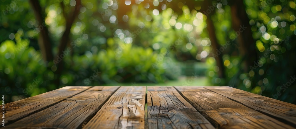 Leinwandbilder brown wooden table with an unfocused garden bokeh background, suitable for showcasing products with 