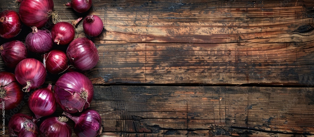 Aufkleber Rustic wood background with red onions creating a captivating composition for copy space image.
