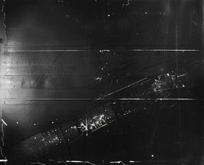A black and white photo of an old film negative and some light scratches. Retro camera texture