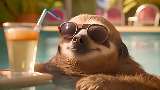 sloth in the pool with cocktail, summer vacation. Generative Ai