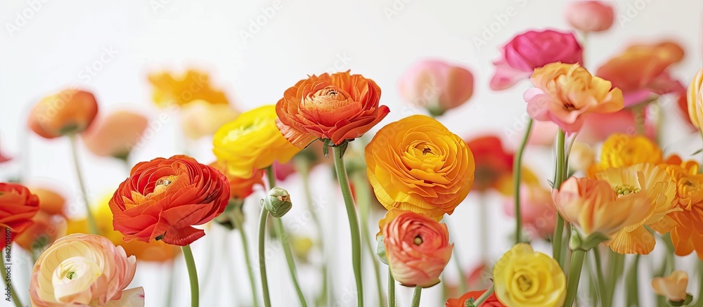 Poster Close-up of ranunculus flowers against a white backdrop with copy space image.