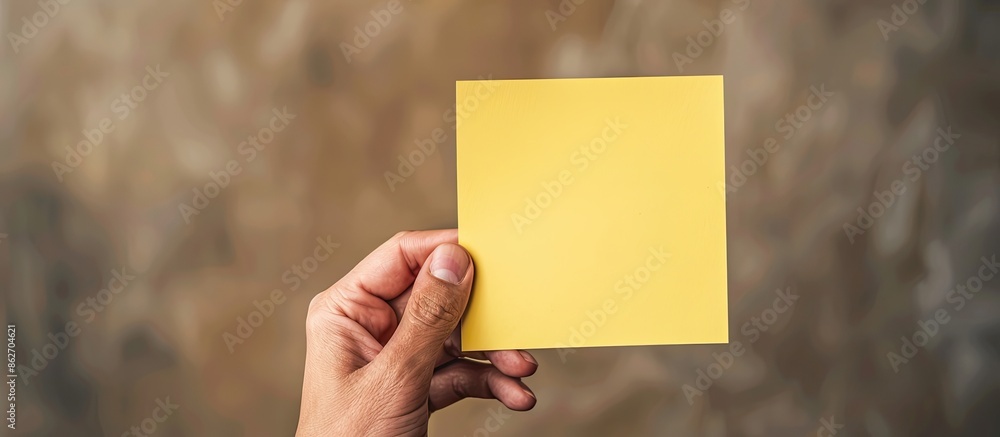 Poster close-up photo of a person's hand holding a blank yellow to-do list sticker against a kraft backgrou