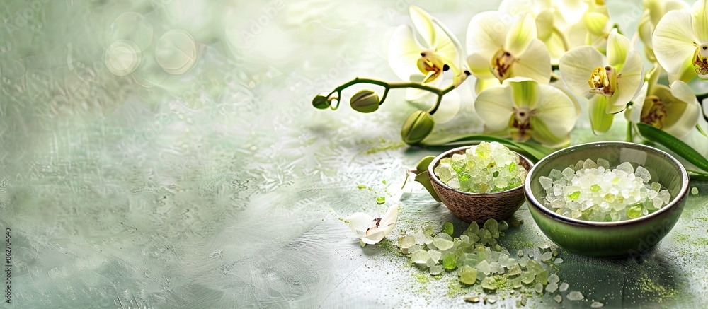 Poster a serene spa scene featuring a green color palette, an elegant orchid, and a bowl of salt, all displ