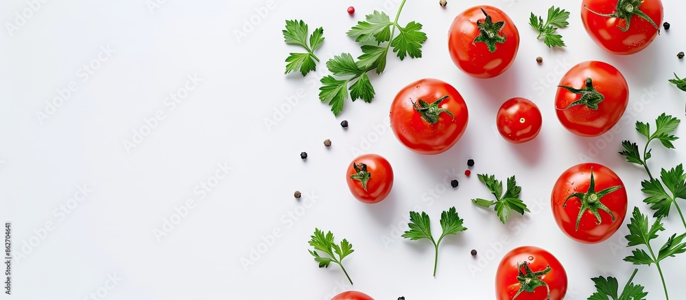 Aufkleber top view of tomatoes garnished with parsley leaves on a white background, providing copy space in th