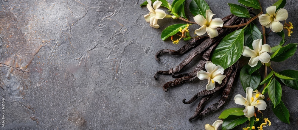 Poster Top-down view of vanilla pods, leaves, and flowers arranged on a textured gray table, with ample space for text alongside the image.