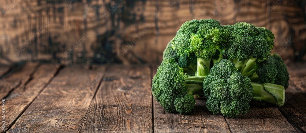 Poster broccoli on a wooden backdrop with copy space image.