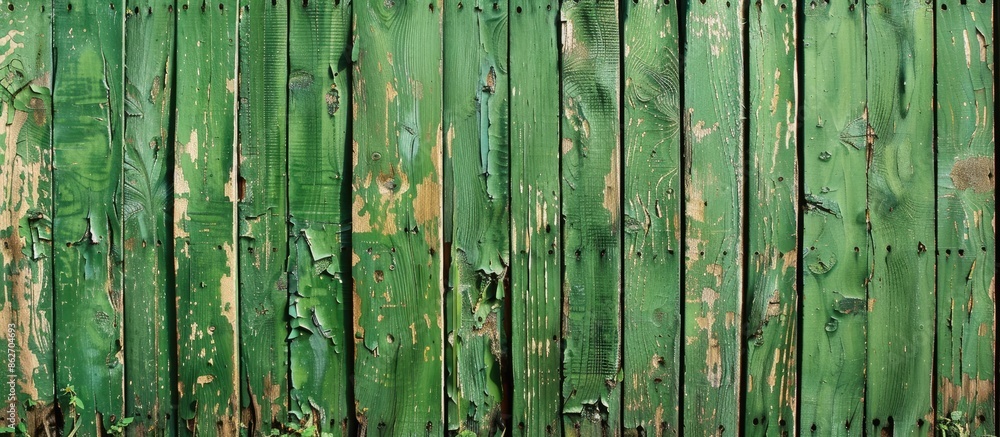 Poster background of a green painted wooden fence with a textured copy space image.