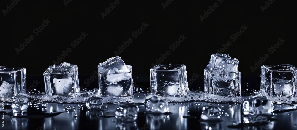 Poster vodka shots on a black backdrop with ice cubes for copy space image.