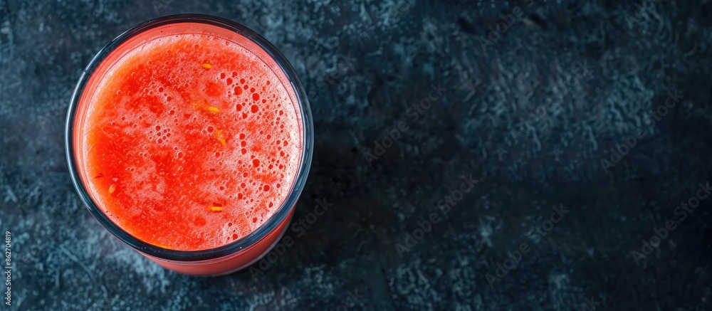 Aufkleber Top view of a glass of watermelon smoothie on a dark table with ample copy space image.