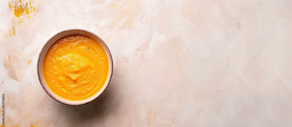 Poster yellow baked pepper soup puree in a light bowl on a bright backdrop, with room for text, ideal for a