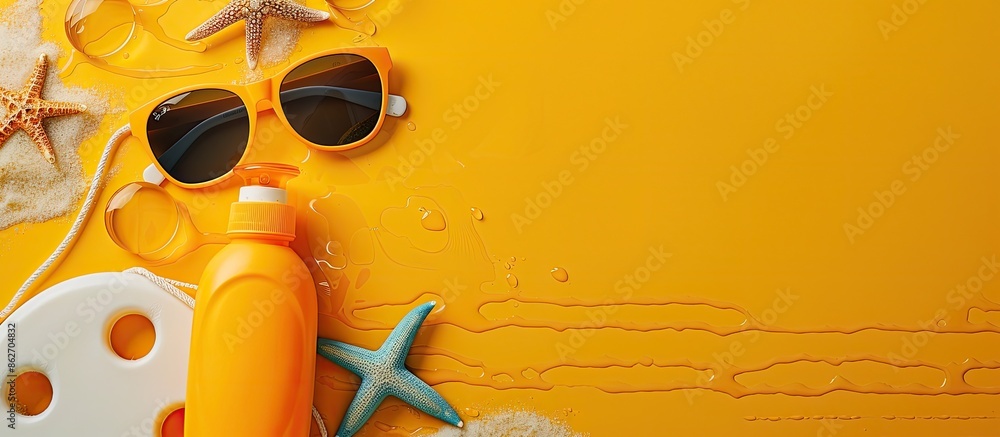 Poster flat lay image featuring a sunblock bottle adorned with sunglasses, a buoy, and ample copy space for