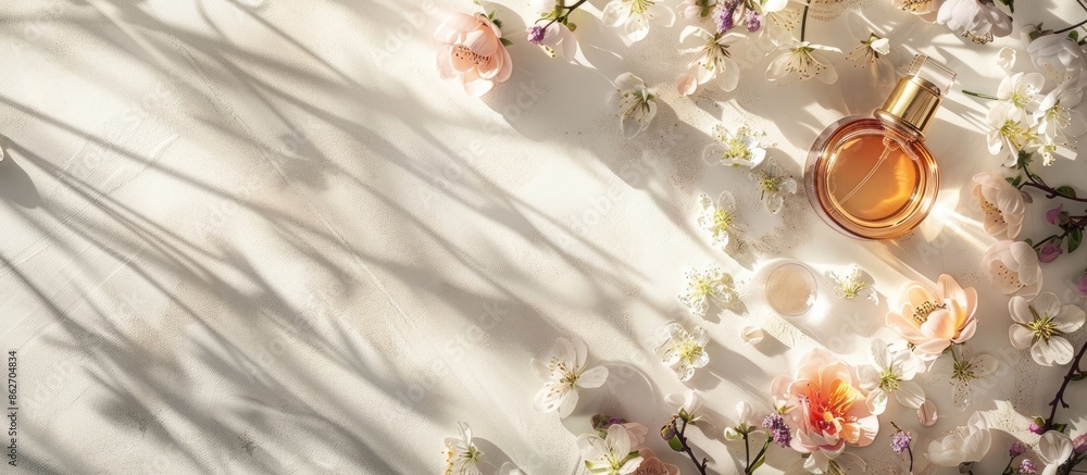 Poster Elegant perfumes displayed on a spring-themed backdrop in an aerial view with copy space image.