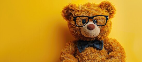 Teddy bear wearing glasses on a stylish yellow backdrop with ample copy space image.