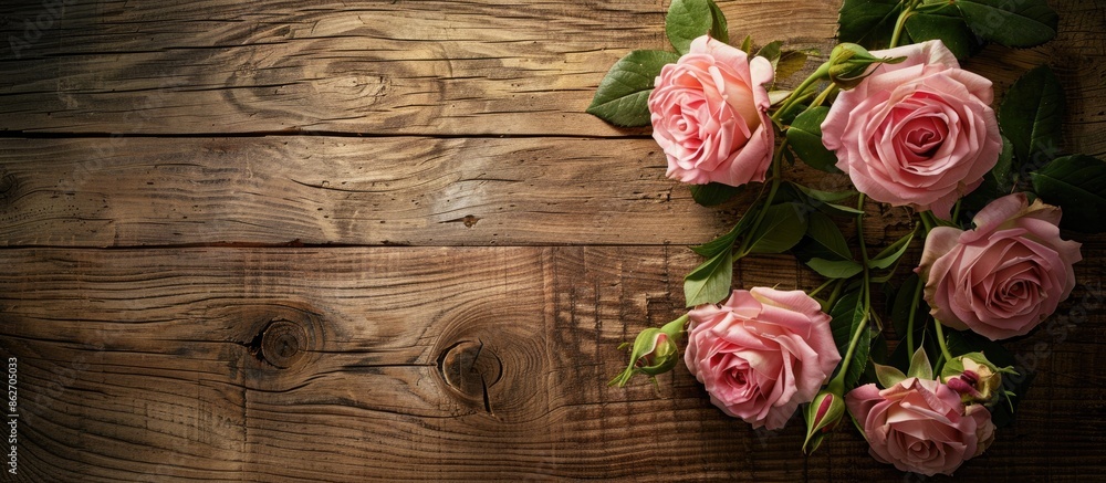 Aufkleber Pink roses arranged beautifully on a wooden backdrop with space for text or graphics in the image. Copy space image. Place for adding text and design